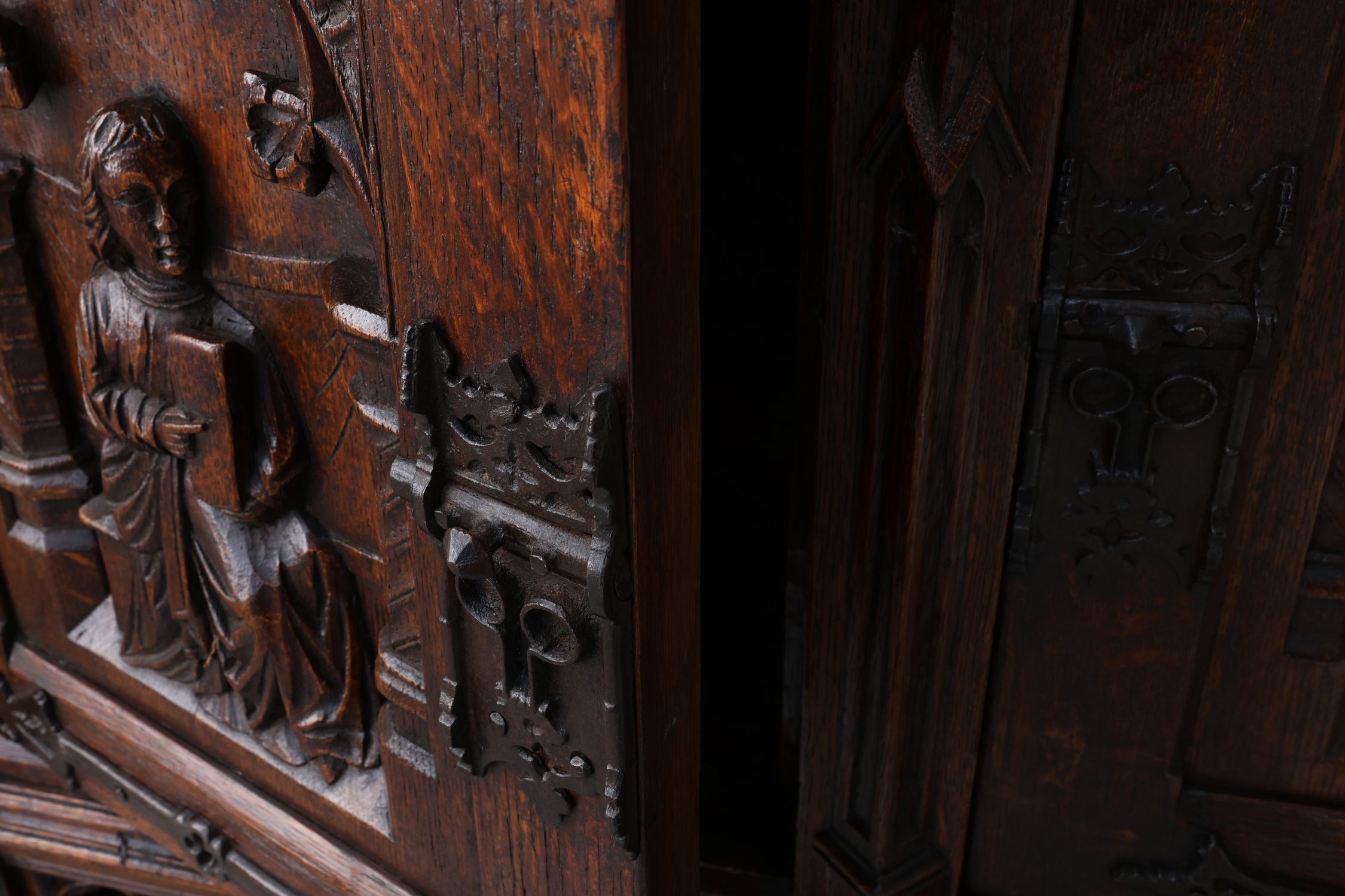 Rare large early 19th century hand carved Neo-Gothic cupboard in oakthumbnail